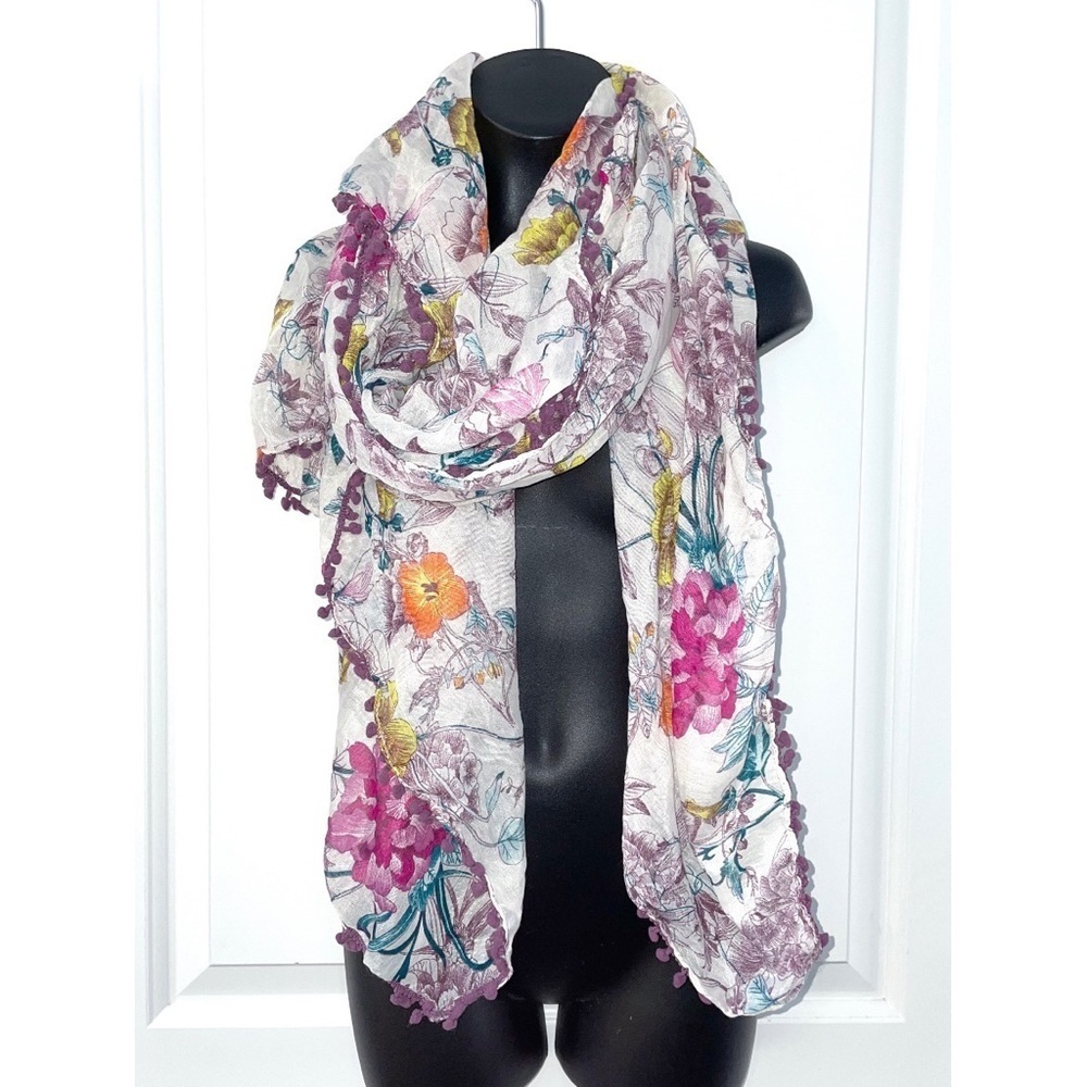 Floral pom pom scarf